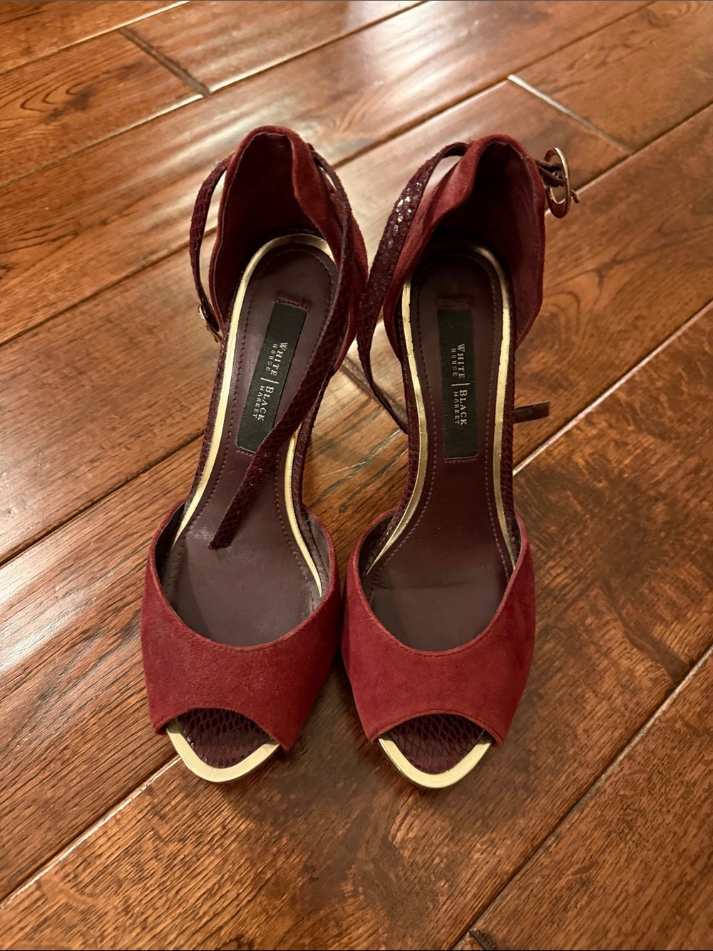 White House Black Market Wine Red Suede Peep-Toe Ankle-Strap Heels